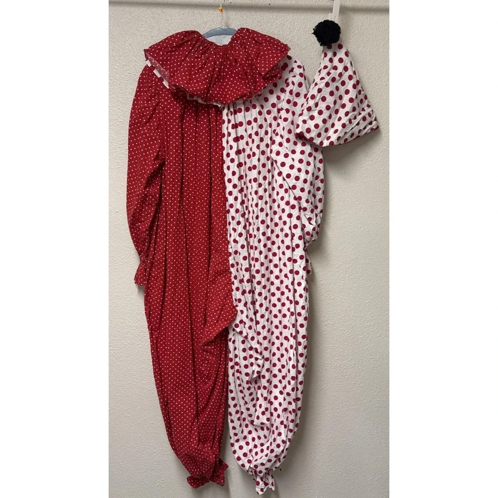 Vtg Handmade Clown Suit Polka Dot Costume Cone Hat Ruffled Collar Red White Flaw